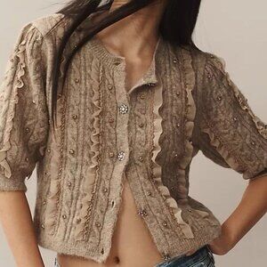 NWT Size S - Maeve Short-Sleeve Embellished Ruffled Cardigan  (NWT US$ 128)